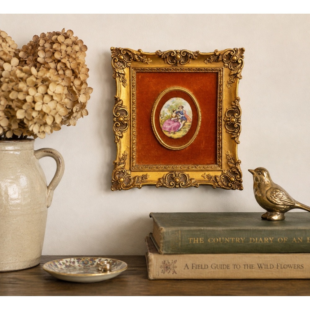 Vtg French FRAGONARD Porcelain Cameo Framed Hollywood Regency ORNATE Velvet